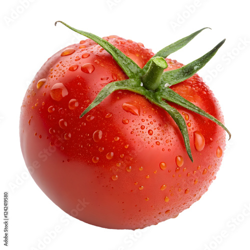Close-up of a vibrant red tomato with water droplets, isolated, freshness and organic produce