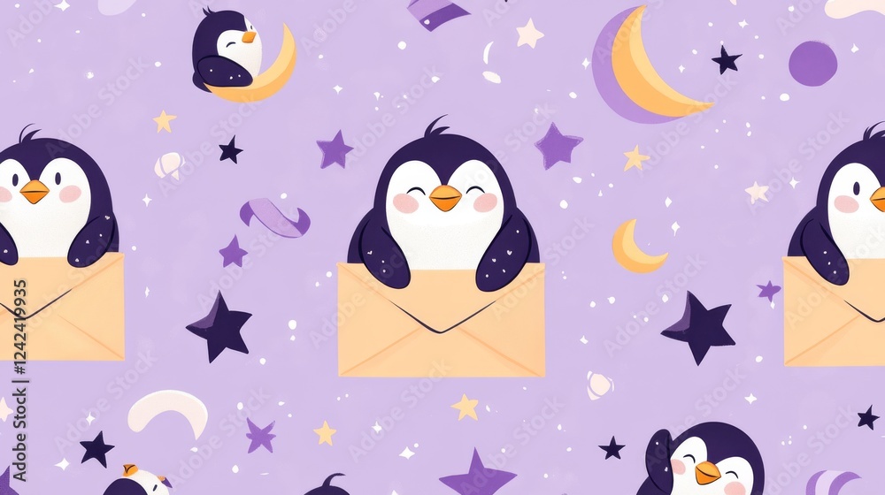 Fototapeta premium 88.A playful illustration of cheerful penguins sitting inside mail envelopes, surrounded by floating stars, crescent moons, and swirling ribbons, forming a seamless design against a soft lavender