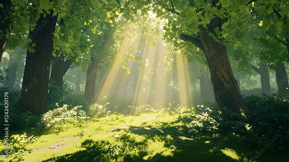 Obraz premium Sunlight shining through the leaves of a tree in the forest.