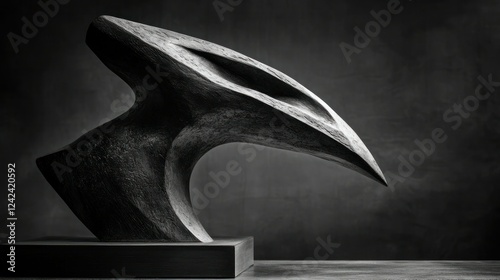 A striking side view of an aggressive sculpture in black and white, its sharp edges and form detailed by a 55mm lens. photo