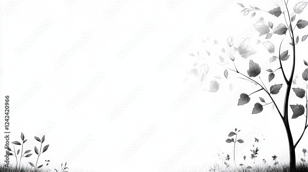 Monochrome tree, leaves blowing, peaceful background, nature design Monochrome tree, leaves blowing, peaceful background, nature design