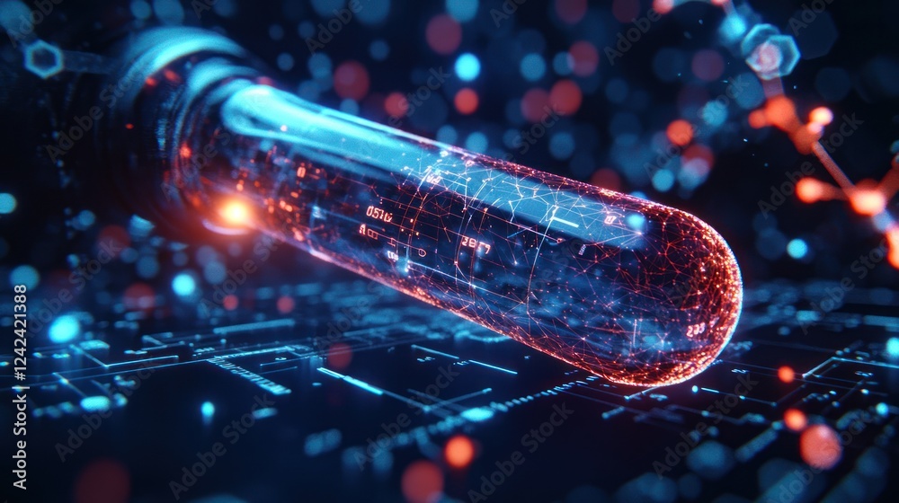 Glowing digital data inside futuristic test tube. Glowing digital data inside futuristic test tube.
