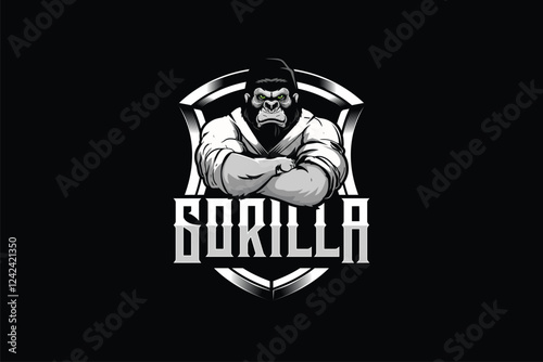 gorilla cartoon with martial arts kimono shield badge logo vector image template