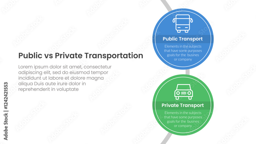 public transport vs personal vehicle comparison concept for infographic template banner with big circle vertical on circle line with two point list information public transport vs personal vehicle comparison concept for infographic template banner with big circle vertical on circle line with two point list information