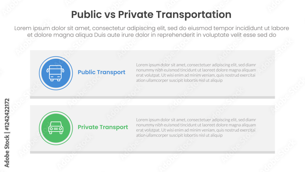 public transport vs personal vehicle comparison concept for infographic template banner with long rectangle box vertical with two point list information public transport vs personal vehicle comparison concept for infographic template banner with long rectangle box vertical with two point list information