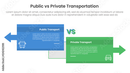 public transport vs personal vehicle comparison concept for infographic template banner with big box opposite arrows direction with two point list information