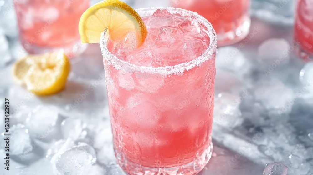 Refreshing Pink Lemonade Drink with Ice Cubes and Lemon Slice Garnish Perfect for Summer Parties or Gatherings in a Vibrant Setting Refreshing Pink Lemonade Drink with Ice Cubes and Lemon Slice Garnish Perfect for Summer Parties or Gatherings in a Vibrant Setting