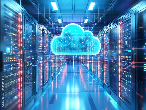 Futuristic Cloud Computing Concept with Neon-Glowing Server Racks, Data Streams, and Digital Connections Representing Modern Cloud Storage and Networking