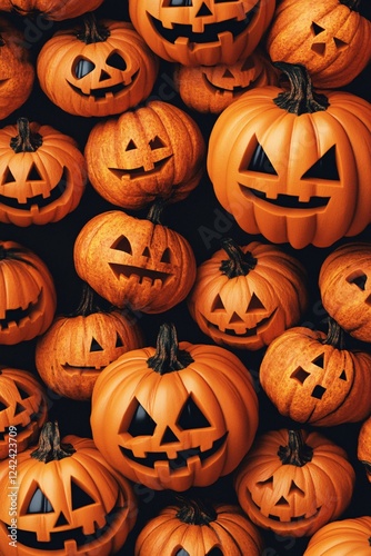 Halloween background showing many jack o lanterns with carved faces glowing in the dark