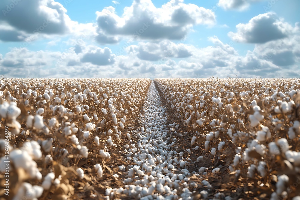 Obraz premium Cotton field with rows of cotton plants ready for harvest, agricultural landscape