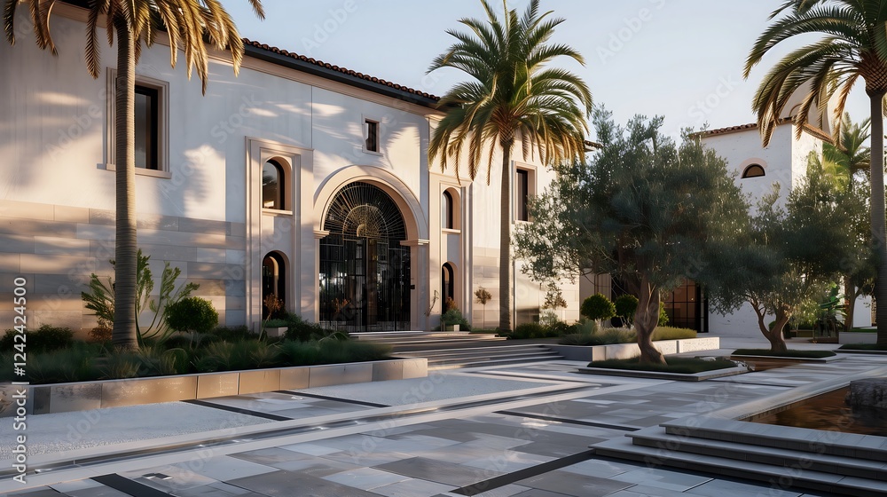 Obraz premium home exterior architecture design concept, A luxurious Mediterranean villa with stucco walls, elegant arched windows, a terracotta roof, and a grand entrance with a detailed wrought-iron gate