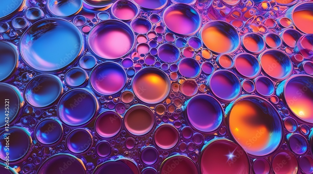 A detailed macro shot of multicolored bubbles with a metallic sheen, showcasing intricate patterns and depth, reflecting light in a dazzling array of hues and tones.
A detailed macro shot of multicolored bubbles with a metallic sheen, showcasing intricate patterns and depth, reflecting light in a dazzling array of hues and tones.