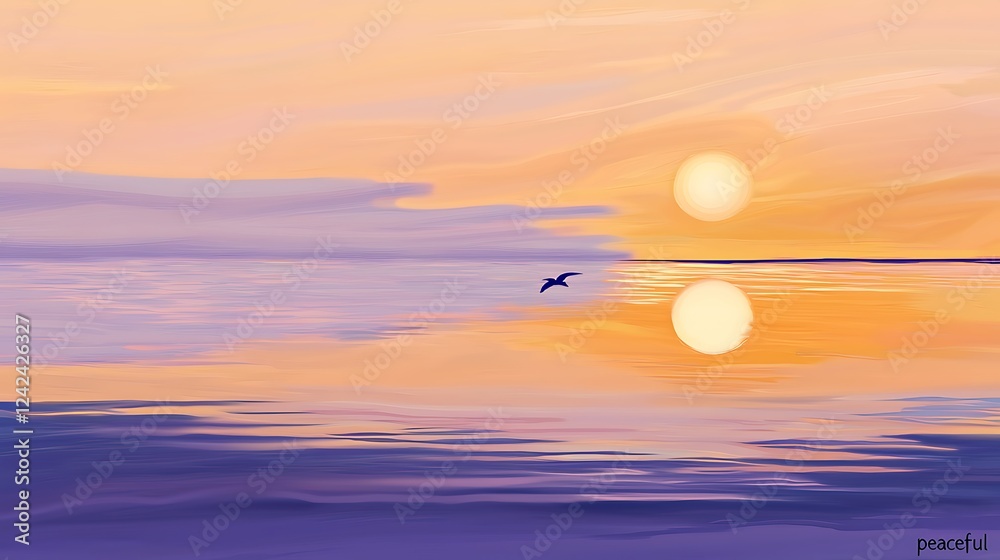 A bird flies over a calm ocean at sunset A bird flies over a calm ocean at sunset