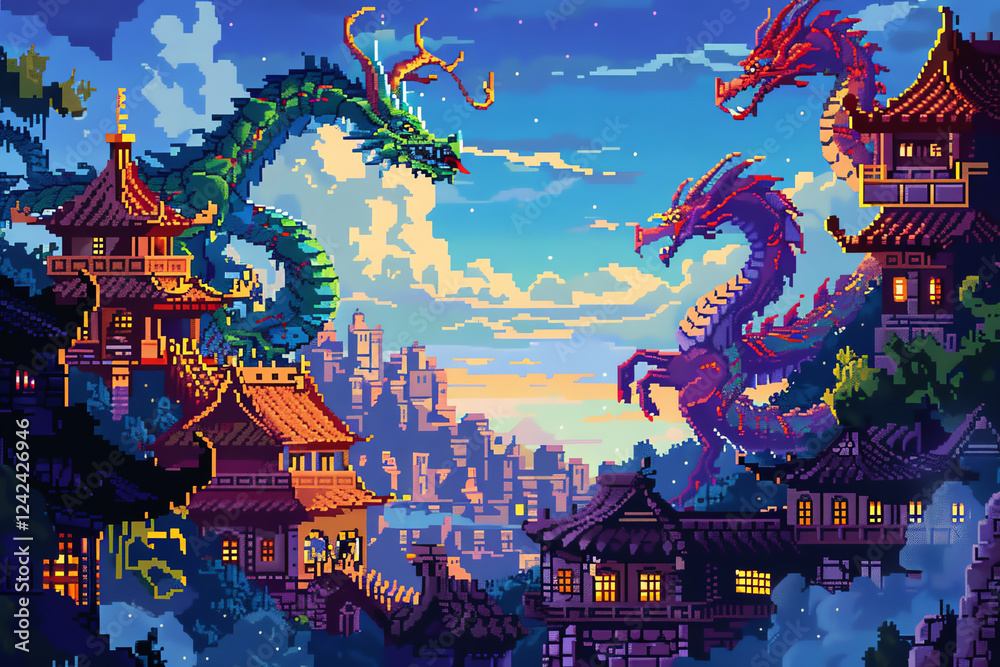 Immerse viewers in a whimsical cityscape inhabited by mythical dragons, twisting and turning, done in vibrant pixel art style Immerse viewers in a whimsical cityscape inhabited by mythical dragons, twisting and turning, done in vibrant pixel art style
