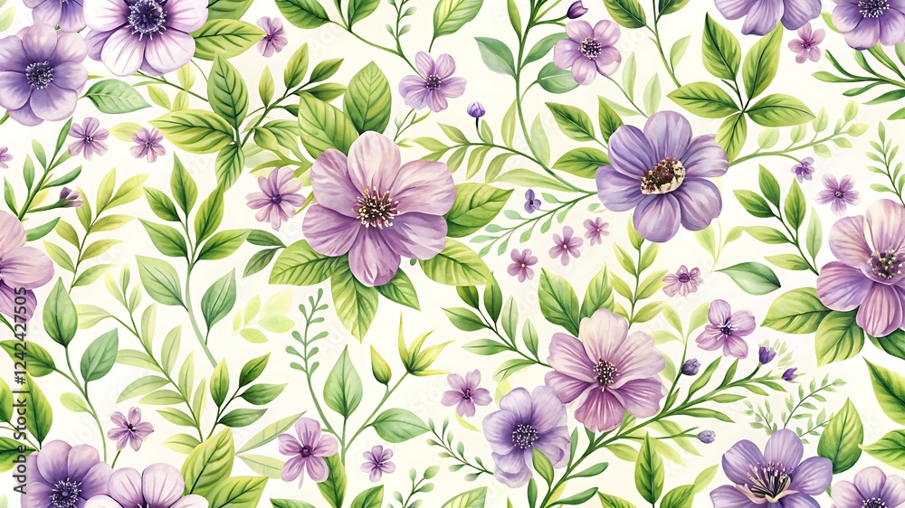 Obraz premium Floral Pattern with Purple Flowers and Green Leaves – Bright and Fresh Design for Spring and Textile Projects