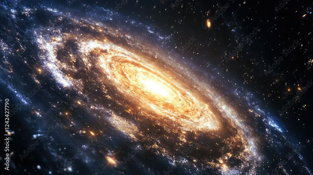Fototapeta premium Stunning Spiral Galaxy with Bright Core and Glimmering Stars in the Vastness of Space, Capturing the Beauty of Cosmic Formation and Galactic Structures