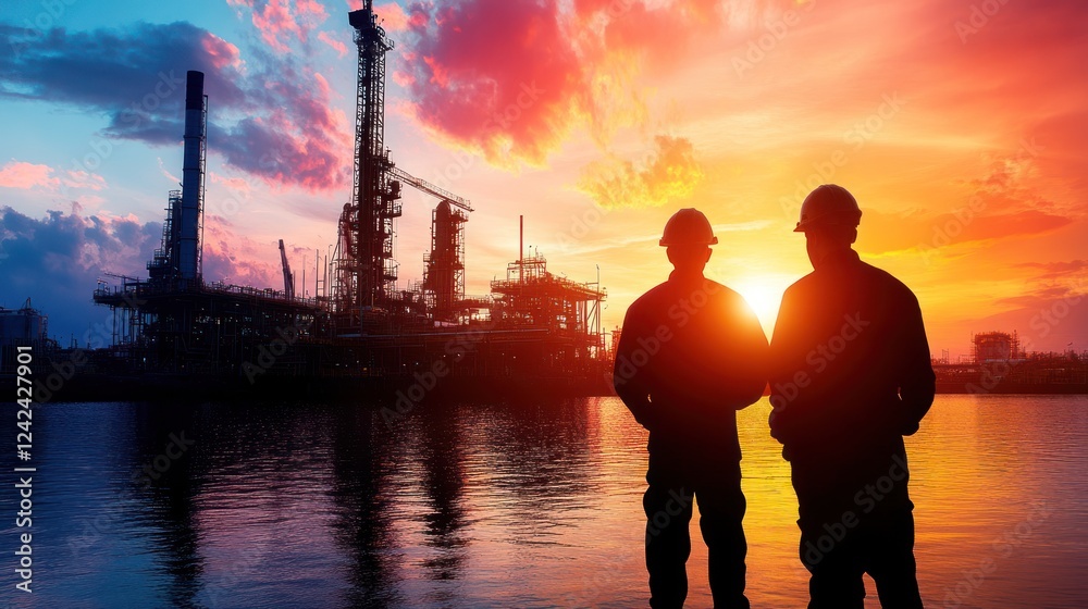 Fototapeta premium Two engineers silhouetted against refinery sunset.