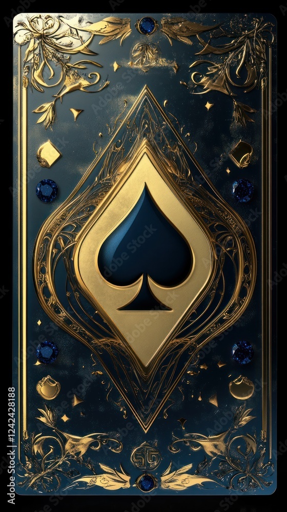 Fototapeta premium An opulent Art Deco layout with sapphire spades, intricate gold geometric designs, and roulette-inspired elements.