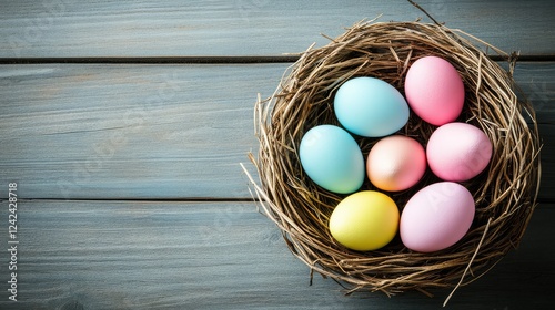 Vibrant pastel Easter eggs in a woven nest, wooden table background with copy space
