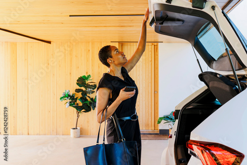 Woman opening car trunk in modern garage photo