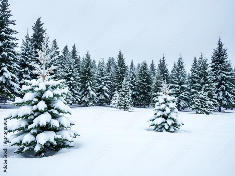 Winter landscape featuring snow-covered fir trees under a clear blue sky, scenic, outdoor, chilly Winter landscape featuring snow-covered fir trees under a clear blue sky, scenic, outdoor, chilly