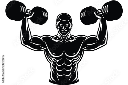 Muscular Man Lifting Dumbbells Line Art Vector