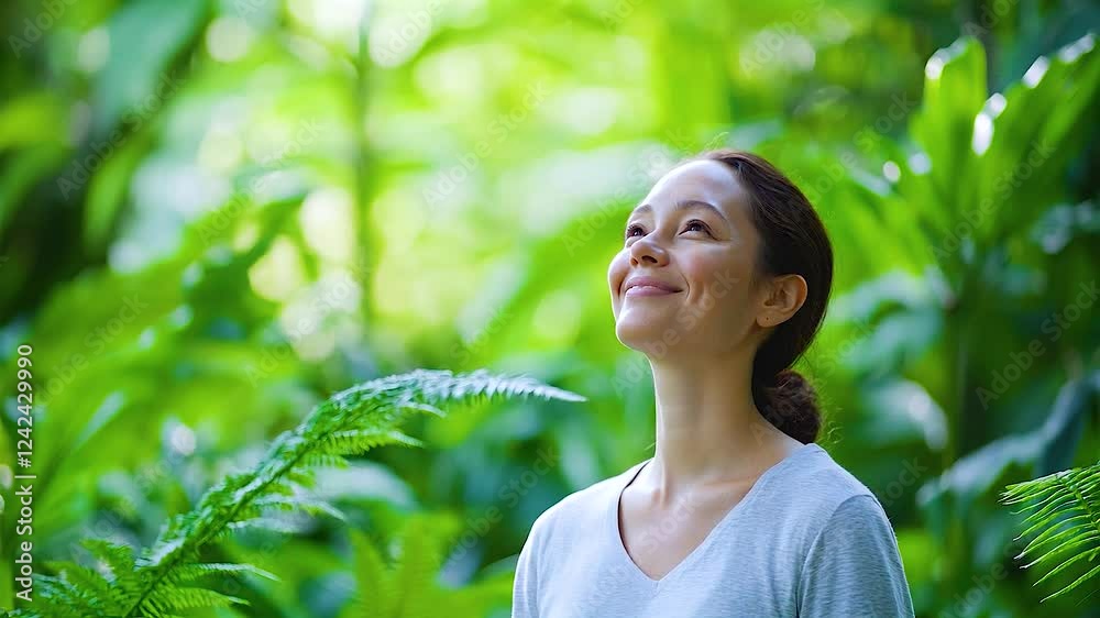Peaceful woman smiling in lush forest, surrounded by vibrant ferns and greenery, embracing happiness in nature. Peaceful woman smiling in lush forest, surrounded by vibrant ferns and greenery, embracing happiness in nature.
