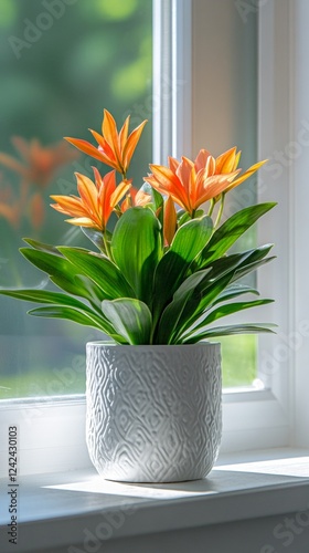 a potted clivia plant by the window in minimalist style of indoor plants