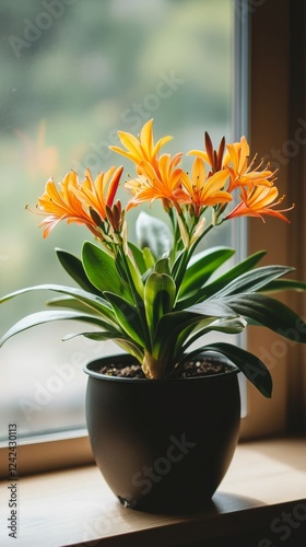 a potted clivia plant by the window in minimalist style of indoor plants