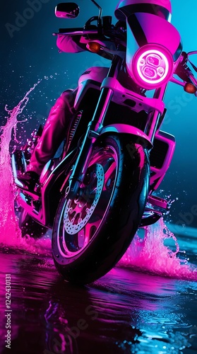 A powerful motorcycle in neon lighting, reflecting on a wet street at night. Modern sportbike design with glowing pink and blue lights for a futuristic and cyberpunk feel.
