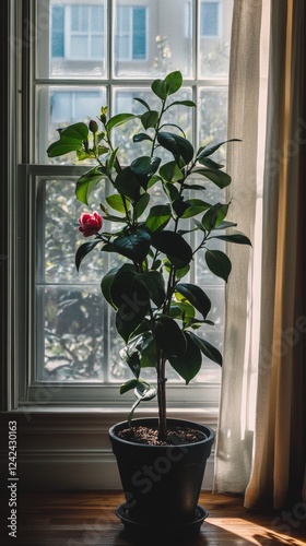 a potted camellia plant by the window in minimalist style of indoor plants