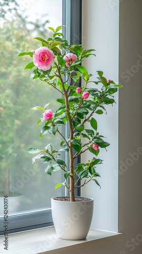 a potted camellia plant by the window in minimalist style of indoor plants