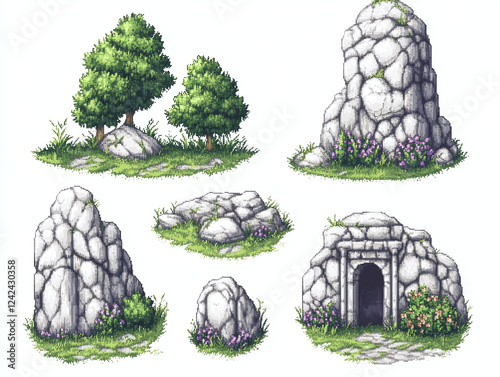 Wallpaper Mural Pixel Art Landscape Elements - Rocks, Trees, and Caves Torontodigital.ca