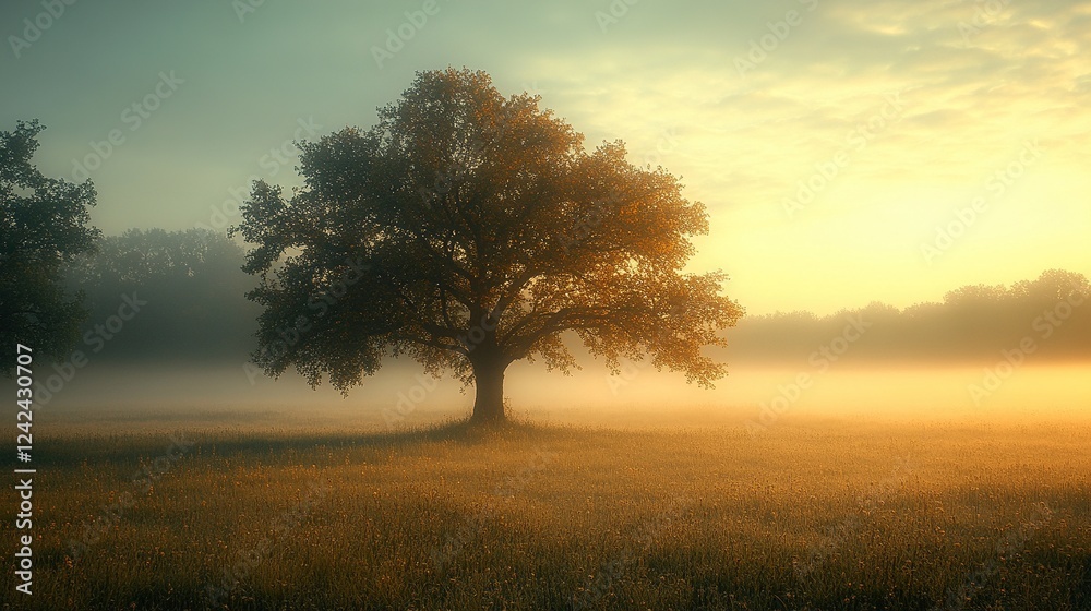 Lone tree in misty meadow at sunrise Lone tree in misty meadow at sunrise