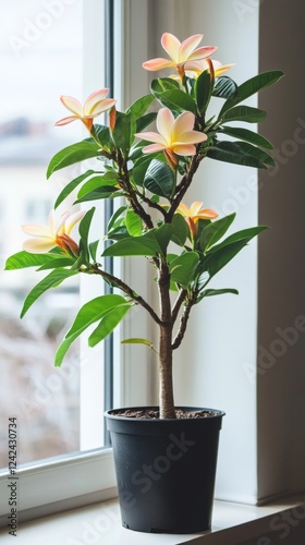a potted plumeria plant by the window in minimalist style of indoor plants