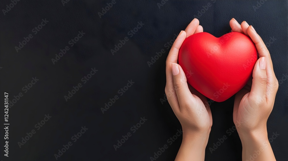 Fototapeta premium Hands Holding a Red Heart Against a Dark Background