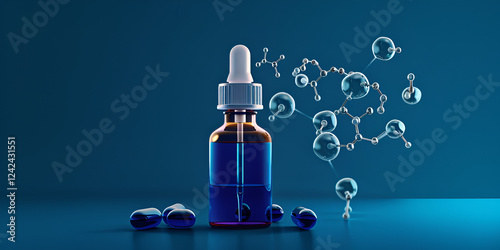 A sleek, high-tech dropper bottle containing a blue liquid, with floating molecular structures in the background