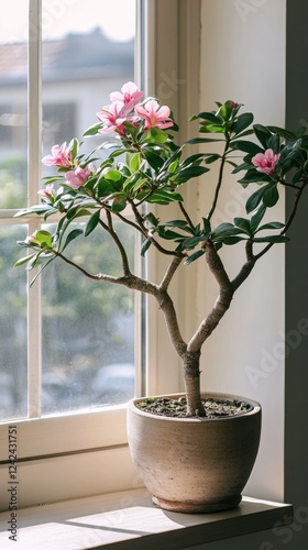 a potted desert rose (adenium) plant by the window in minimalist style of indoor plants