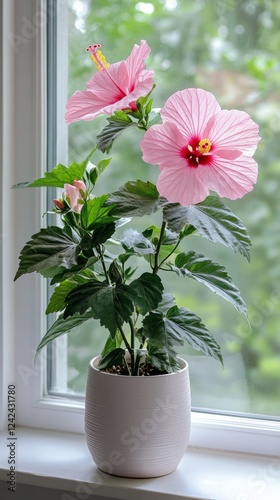 a potted hibiscus rosa-sinensis plant by the window in minimalist style of indoor plants
