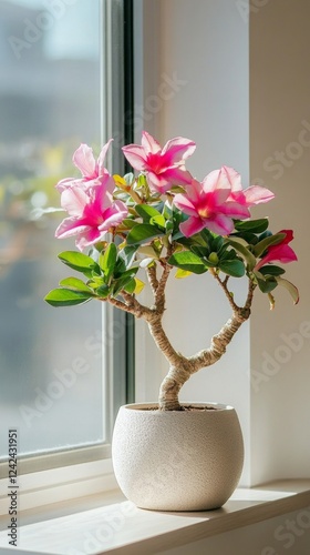 a potted desert rose (adenium) plant by the window in minimalist style of indoor plants