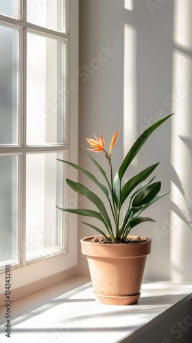 a potted clivia plant by the window in minimalist style of indoor plants