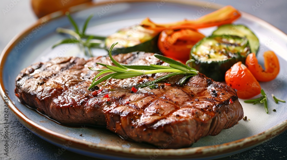 Studio shot of grilled beef and assorted vegetables on a sophisticated plate Studio shot of grilled beef and assorted vegetables on a sophisticated plate