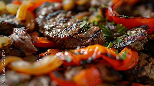 Ultra-detailed close-up of grilled beef with caramelized onions and peppers photo