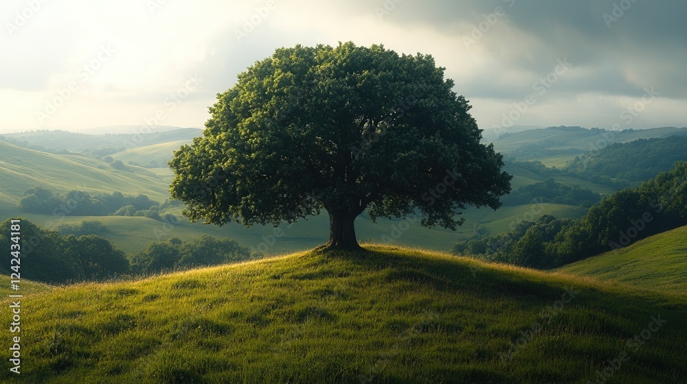Fototapeta premium Lone tree on grassy hill, sunrise over rolling hills, peaceful landscape