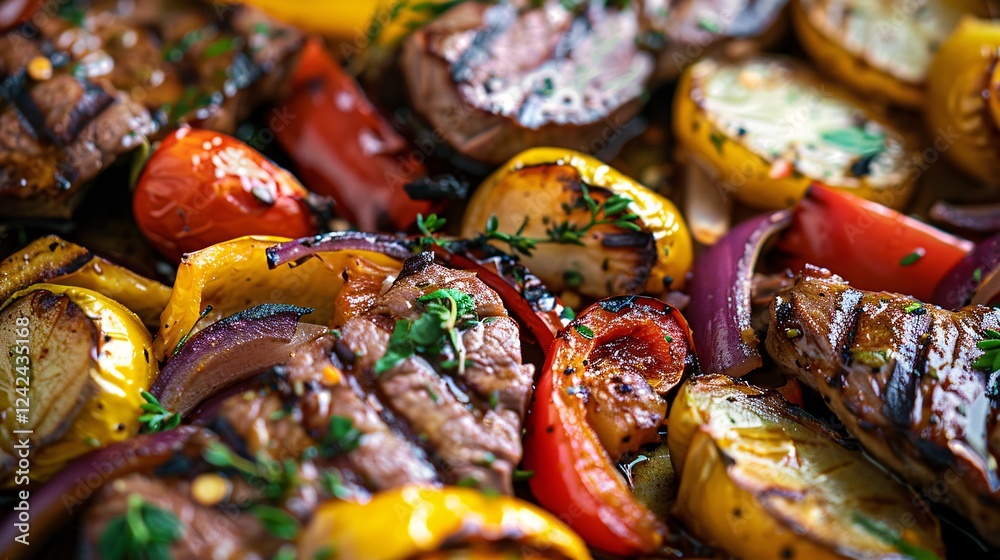 Studio shot focusing on the textures of grilled beef and roasted vegetables Studio shot focusing on the textures of grilled beef and roasted vegetables
