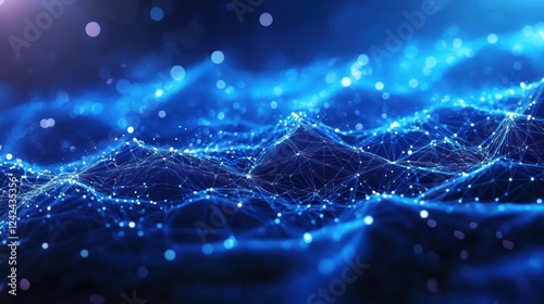 Abstract blue digital wave background with glowing particles and lines.