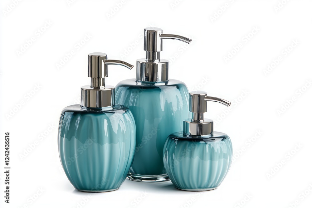 Obraz premium Teal Blue Glass Soap Dispensers Set - Exquisite Bathroom Accessories