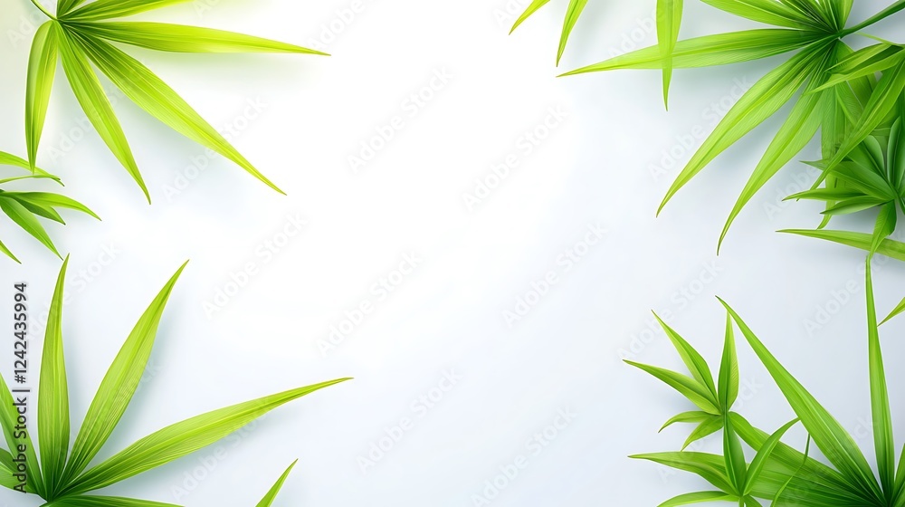 Fototapeta premium Lush green leaves frame, white background, nature, design