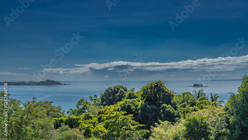 A small island is visible in the calm blue ocean. Hills in the distance. There is a lush green vegetation in the foreground. Azure sky, clouds. Madagascar. Nosy Komba photo