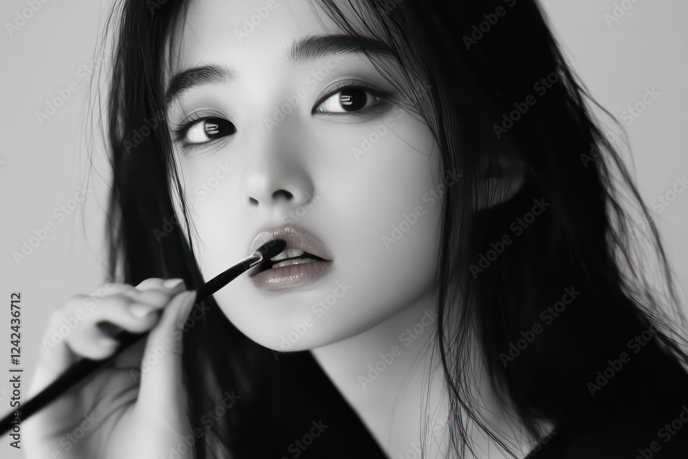 Beautiful chinese VOGUE female model applying makeup holding makeup brush to her cheeks real skin real texture Beautiful chinese VOGUE female model applying makeup holding makeup brush to her cheeks real skin real texture